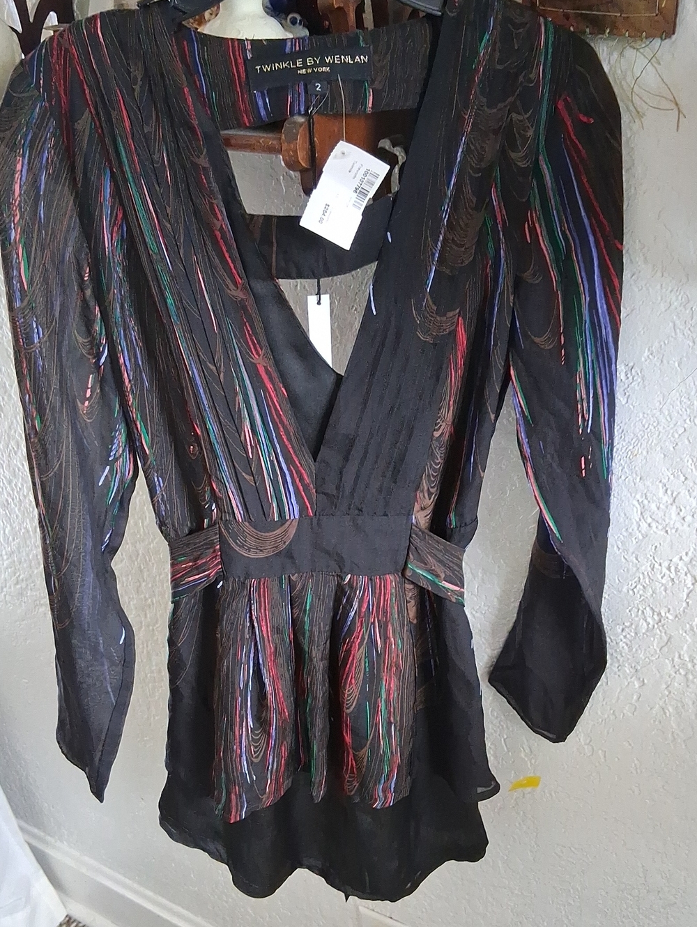 Twinkle by Wenlan Black Sheer Multicolor Stripe V-Neck Top